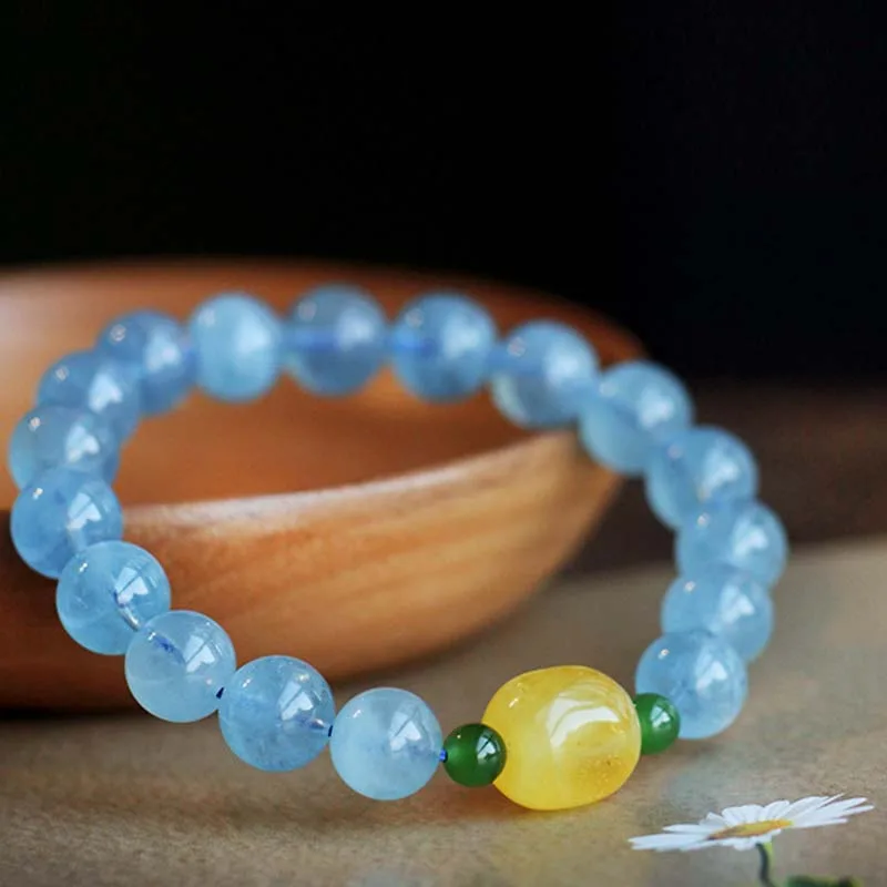 Natural Aquamarine Amber Beads Serenity Healing Bracelet - Image 2
