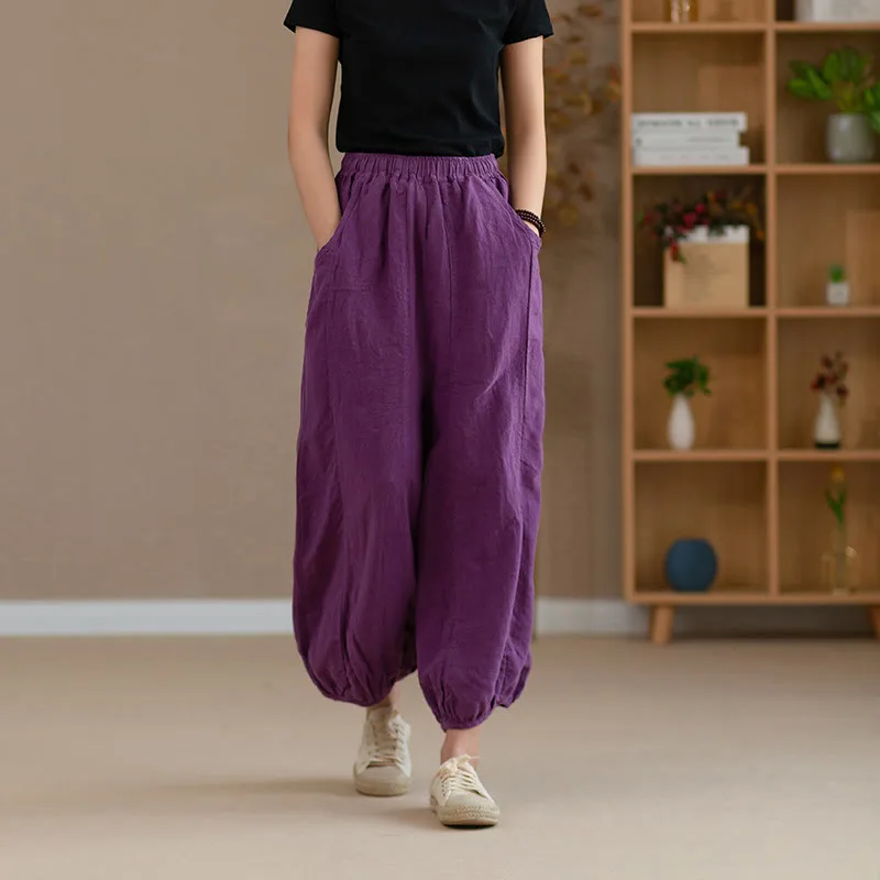 Mythstone Ramie Linen Flexible Waistband Yoga Harem Pants With Pockets - Image 3