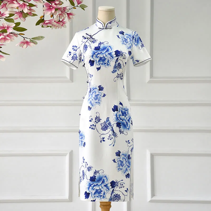Mythstone Blue And White Porcelain Color Peony Flower Pattern Cheongsam Dress Women's Qipao Dress