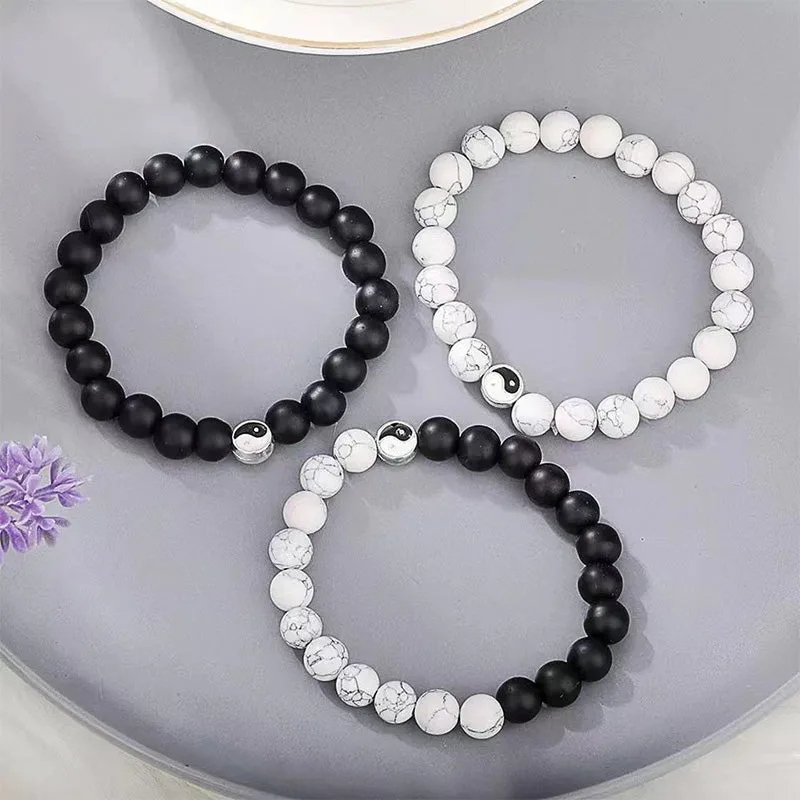 Mythstone 3pcs Natural White Turquoise Frosted Stone Bead Yin Yang Wealth Bracelet - Image 4