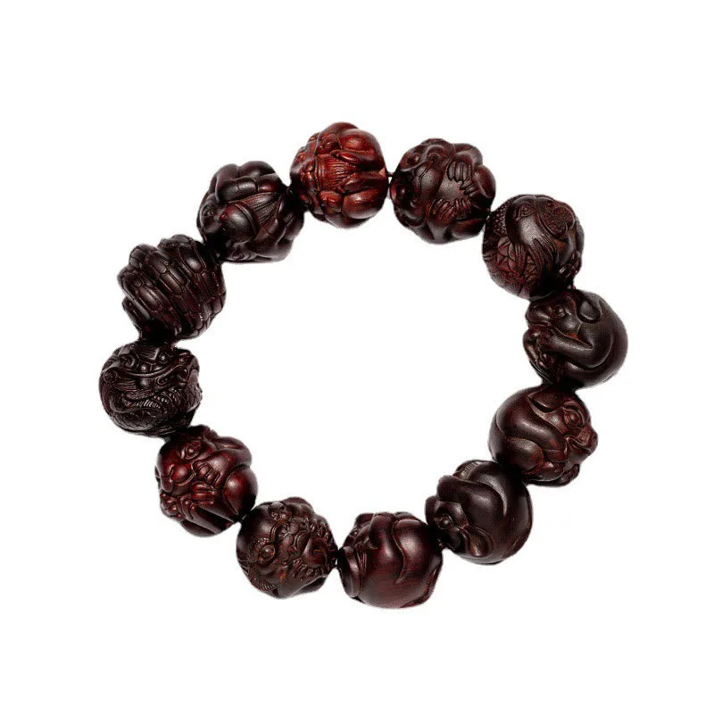 Mythstone Chinese Zodiac Engraved Small Leaf Red Sandalwood Protection Bracelet - Image 15