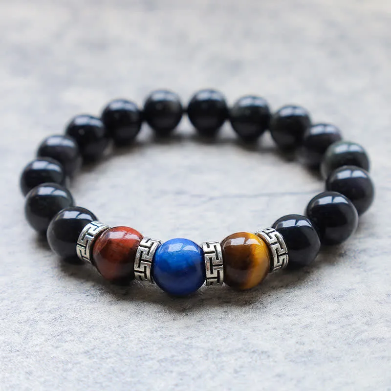 Natural Black Obsidian Tricolor Tiger Eye Strength Bracelet - Image 6