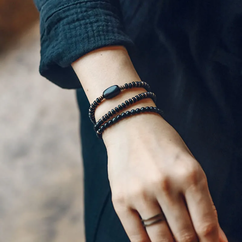 Mythstone Rainbow Obsidian Ebony Wood Copper Healing Triple Wrap Bracelet - Image 14