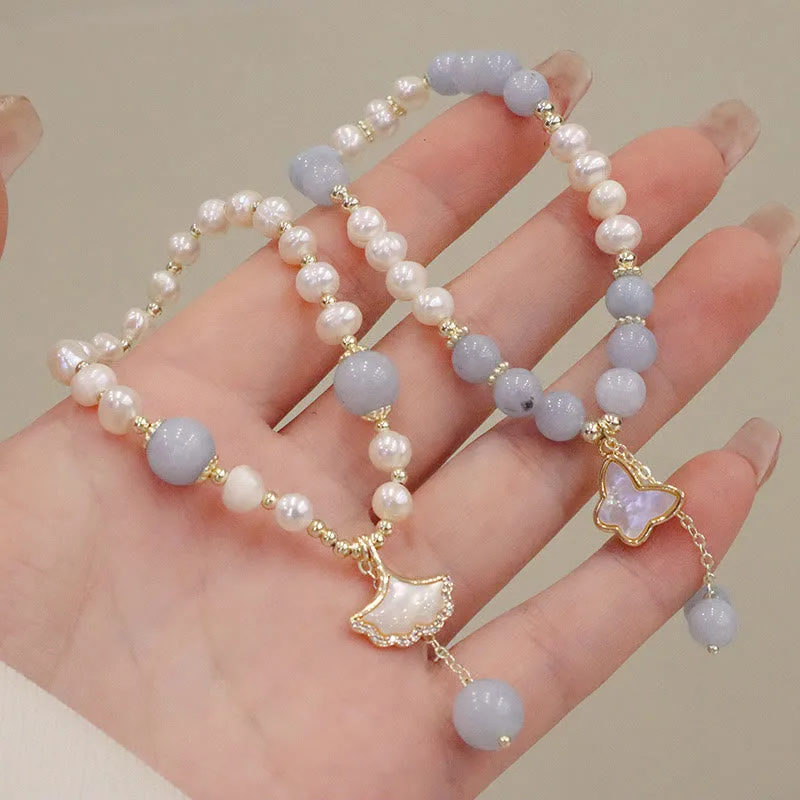 Mythstone Natural Aquamarine Pearl Healing Ginkgo Leaf Butterfly Charm Bracelet - Image 2