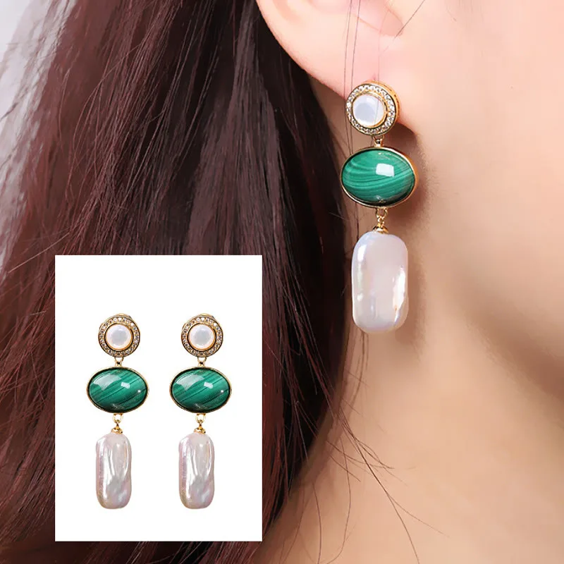 Mythstone 925 Sterling Silver Natural Baroque Pearl Malachite Healing Wisdom Drop Earrings - Image 12