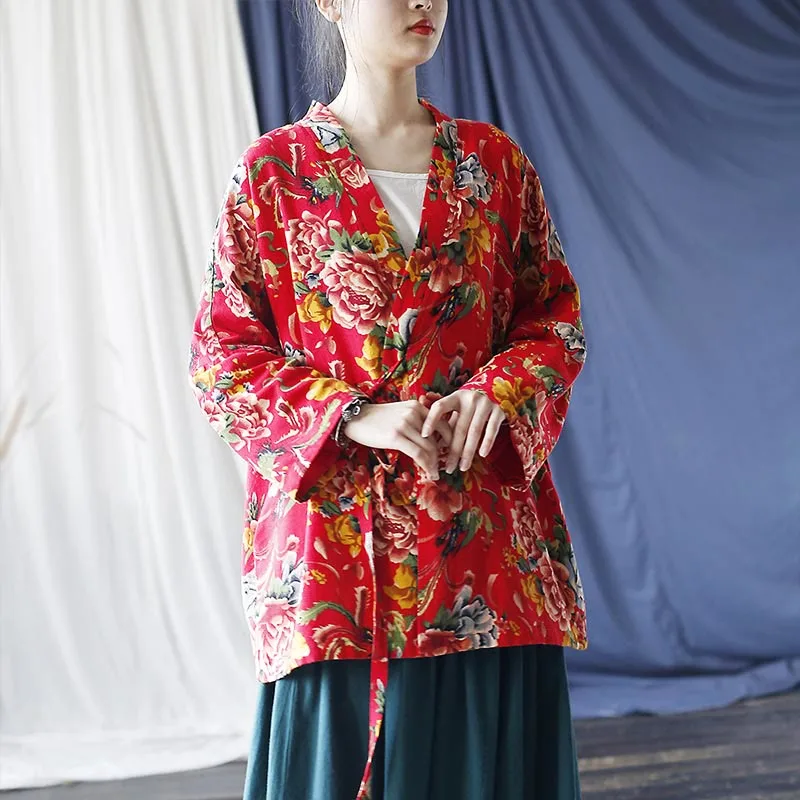 Mythstone Ethnic Style Northeast Red Flower Peony Print Cotton Linen Lace Up Jacket - Image 24