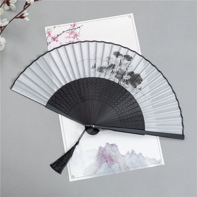 Mythstone Mountains Plum Blossom Lotus Magpie Bamboo Leaves Handheld Silk Bamboo Folding Fan 22.5cm - Image 4