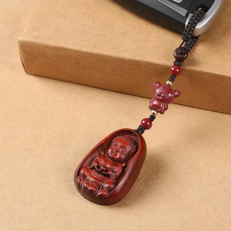 Mythstone Small Leaf Red Sandalwood Buddha Cinnabar Chinese Zodiac Amulet Protection Key Chain - Image 10
