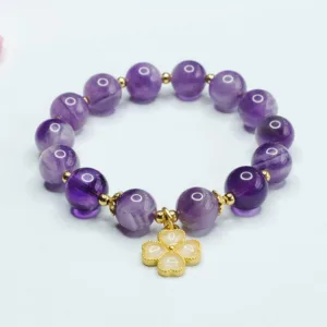 Mythstone Natural Amethyst Crystal Inner Peace Four Leaf Clover Charm Bracelet
