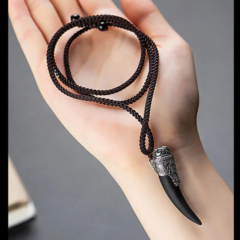 Mythstone 925 Sterling Silver Black Obsidian Wolf Tooth Pattern Strength Necklace Pendant - Image 12