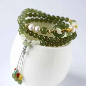 Mythstone Hetian Jade Pearl Peace Buckle Luck Wealth String Bracelet