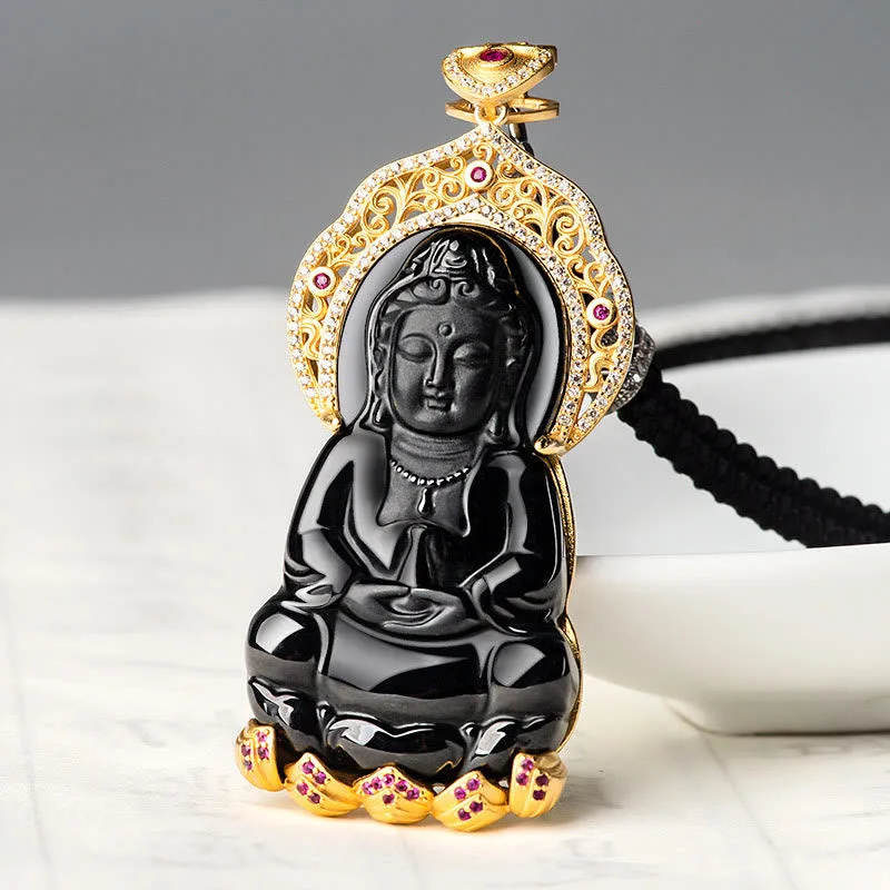 Mythstone 925 Sterling Silver Natural Black Jade Kwan Yin Avalokitesvara Wealth Necklace Pendant - Image 2