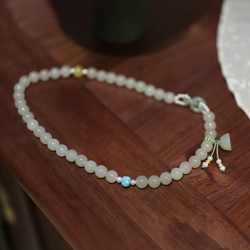 Mythstone 925 Sterling Silver Hetian Jade Double Peace Buckle Lotus Luck Double Wrap Bracelet - Image 8