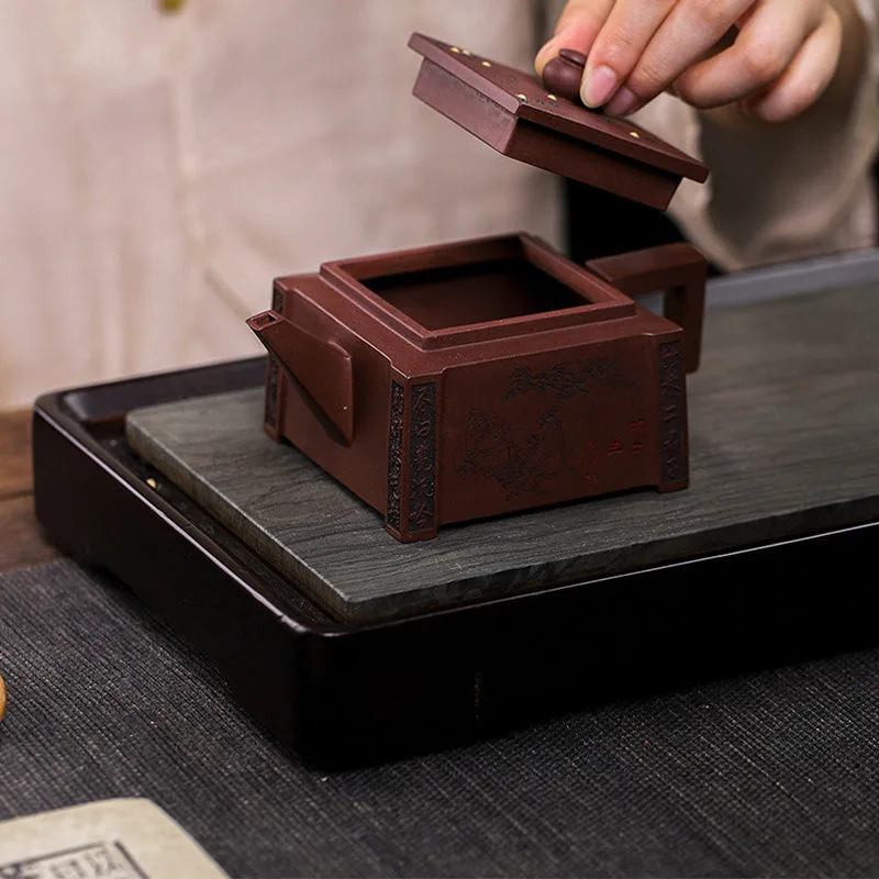 Mythstone Yixing All Handmade Gomoku Playing Chess Purple Clay Kung Fu Square Teapot 280ml - Image 8