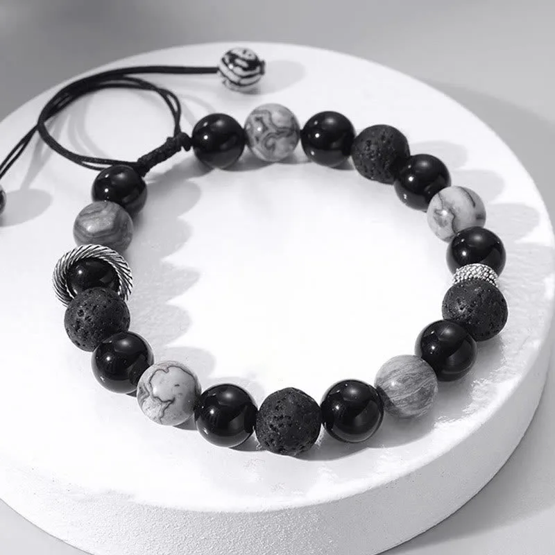 Mythstone Vintage Lava Rock Black Obsidian Picasso Jasper Beads Support Rope Bracelet - Image 2