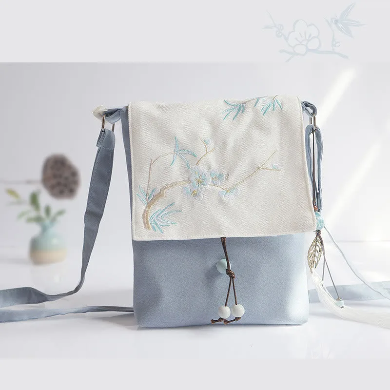 Mythstone Handmade Embroidered Plum Flowers Canvas Crossbody Bag Shoulder Bag Handbag - Image 15