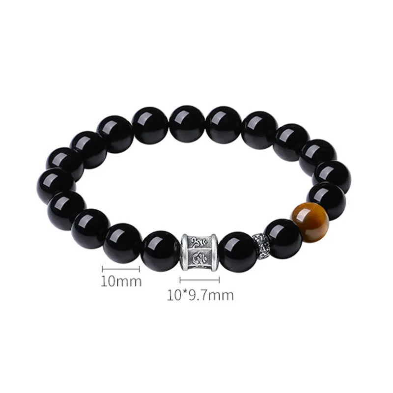 Mythstone 999 Sterling Silver Black Obsidian Tiger Eye Om Mani Padme Hum Fulfillment Bracelet - Image 11