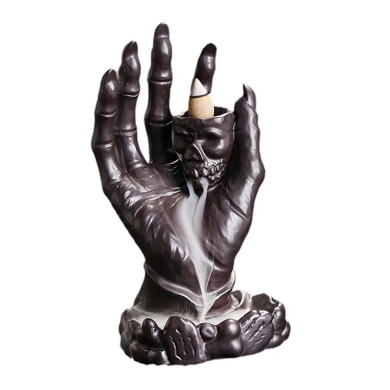 Mythstone Halloween Ghost Hand Skull Head Ceramic Peace Healing Incense Burner Decoration - Image 3