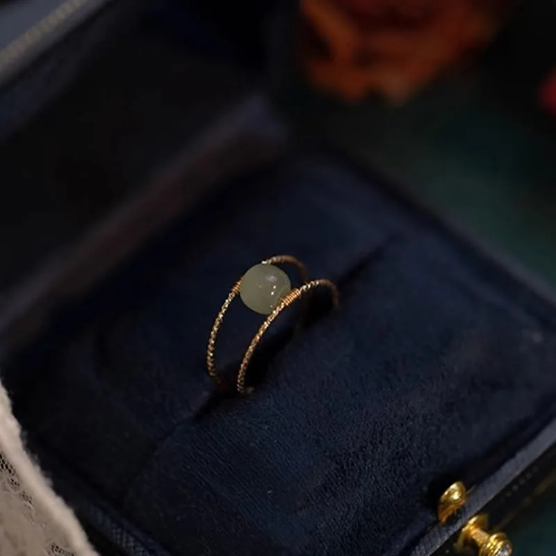 Mythstone Round Jade Pearl Bead Double Layer Copper Luck Adjustable Ring - Image 5