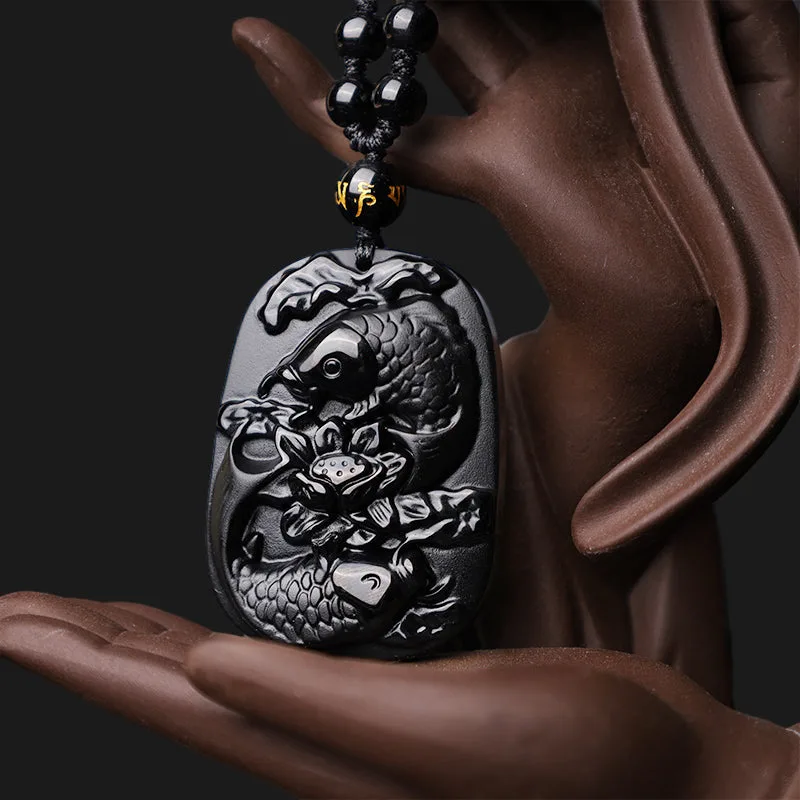 Mythstone - Natural Black Obsidian Koi Fish Lotus Strength Beaded Necklace Pendant - Image 4