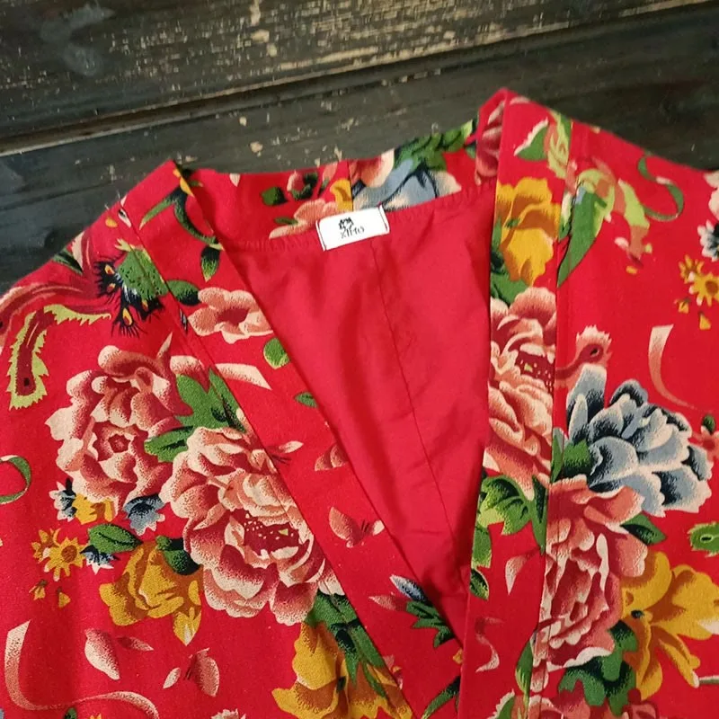 Mythstone Ethnic Style Northeast Red Flower Peony Print Cotton Linen Lace Up Jacket - Image 7