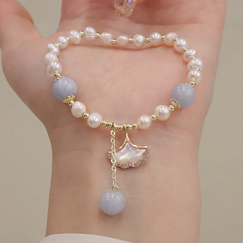 Mythstone Natural Aquamarine Pearl Healing Ginkgo Leaf Butterfly Charm Bracelet - Image 6