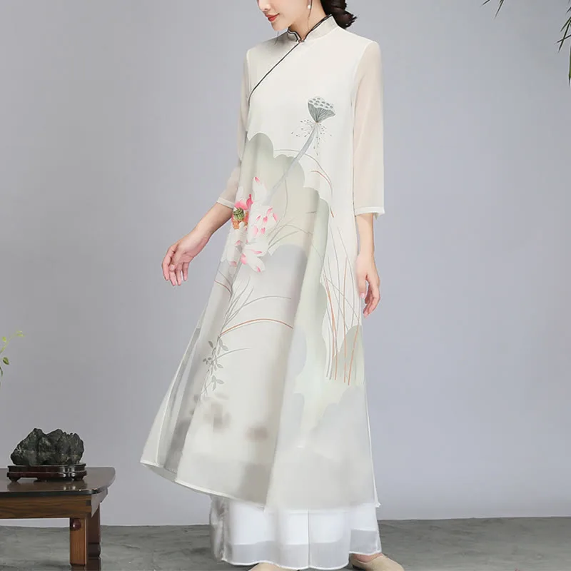 Mythstone Lotus Flower Pod Chiffon Cheongsam Midi Dress Meditation Zen Practice Clothing - Image 2