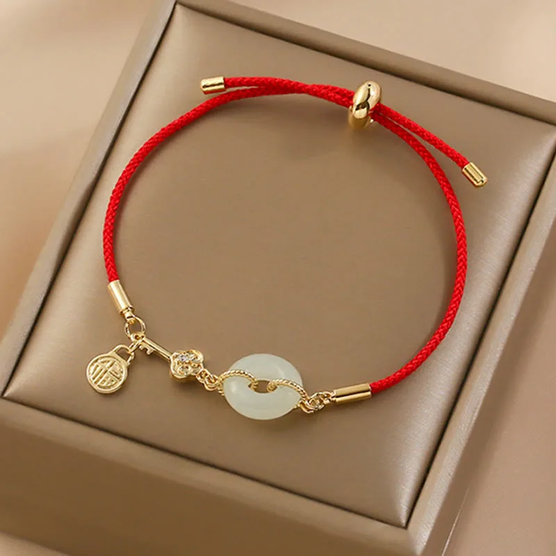 Mythstone 18K Gold Plated Hetian Jade Peace Buckle Fu Character Luck Red Rope Bracelet - Image 5