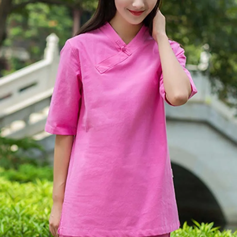 Mythstone 2Pcs Half Sleeve V-Neck Shirt Top Pants Meditation Zen Tai Chi Linen Clothing Women's Set - Image 13