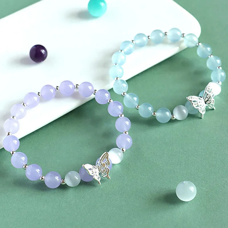 Mythstone Blue Chalcedony Pink Crystal Purple Chalcedony Butterfly Energy Bracelet - Image 2