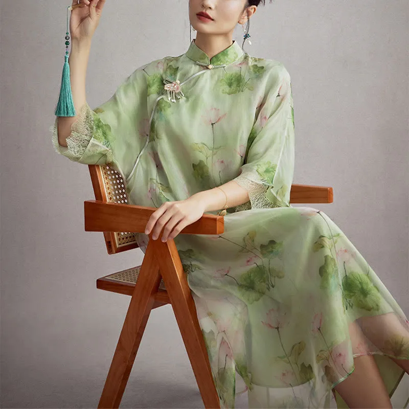 Mythstone 100% Mulberry Silk Organza Green Lotus Leaf Pink Lotus Print Qipao Cheongsam Dress - Image 4