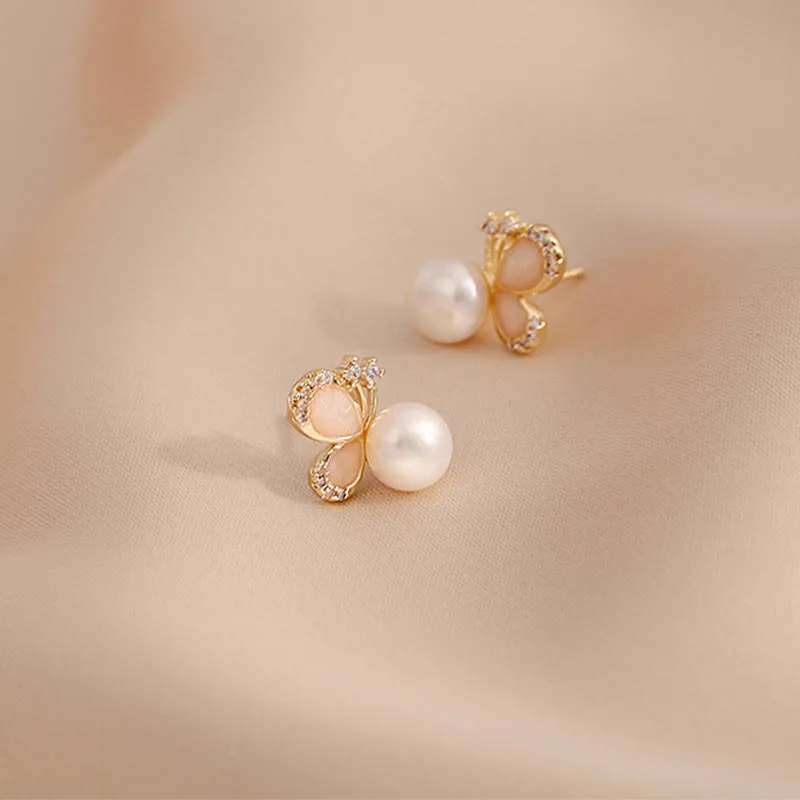 Mythstone 18K Gold Pearl Butterfly Love Freedom Stud Earrings - Image 9