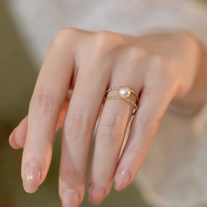 Mythstone Round Jade Pearl Bead Double Layer Copper Luck Adjustable Ring - Image 10