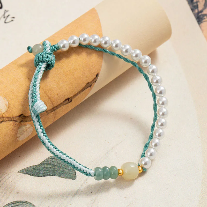 Mythstone 925 Sterling Silver Hetian Jade Braided Rope Pearl Abundance Bracelet - Image 2