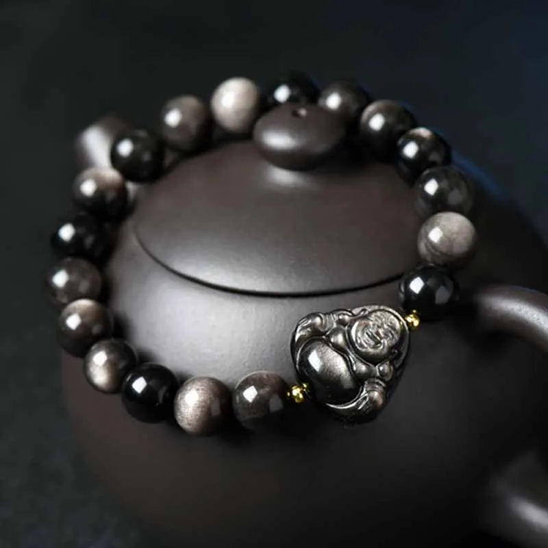 Mythstone Silver Sheen Obsidian Lotus Flower Nine Tailed Fox Laughing Buddha Protection Bracelet - Image 14