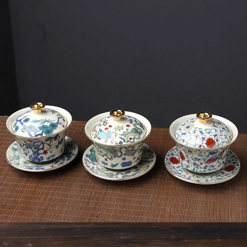 Mythstone Retro Plum Blossom Pine Bamboo Phoenix Kirin Ceramic Gaiwan Sancai Teacup Kung Fu Tea Cup and Saucer with Lid - Image 15