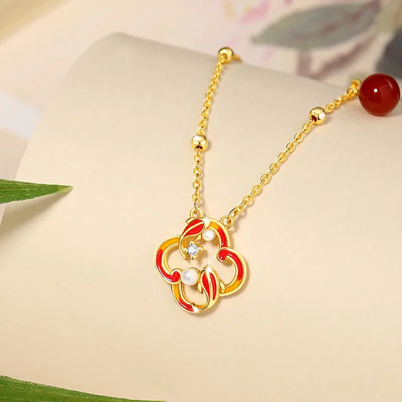 Mythstone - 925 Sterling Silver Four Leaf Clover Koi Fish Red Agate Pearl Wealth Bracelet Necklace Pendant Earrings Set - Image 5