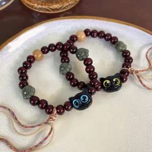 Mythstone Ebony Wood Lovely Cat Jade Paw Peace Tassel Wood Bracelet