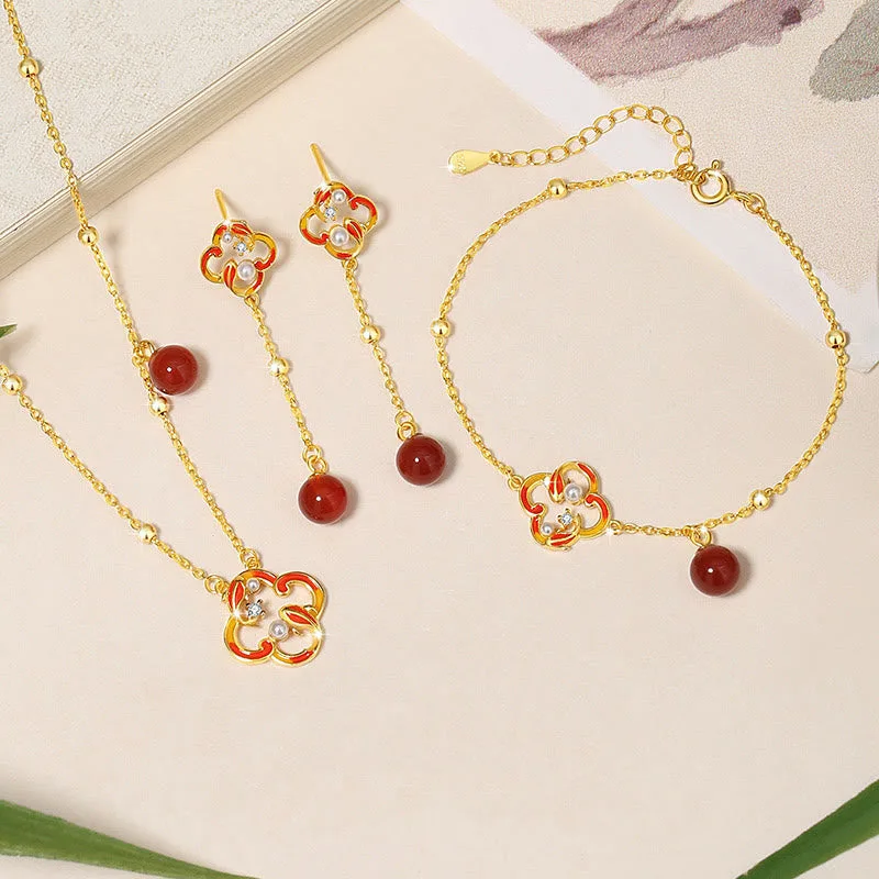 Mythstone - 925 Sterling Silver Four Leaf Clover Koi Fish Red Agate Pearl Wealth Bracelet Necklace Pendant Earrings Set