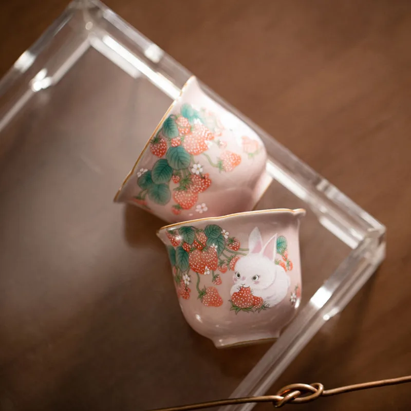 Mythstone Cute Strawberry Rabbit Flower Ceramic Teacup Kung Fu Tea Cup 55ml - Image 5