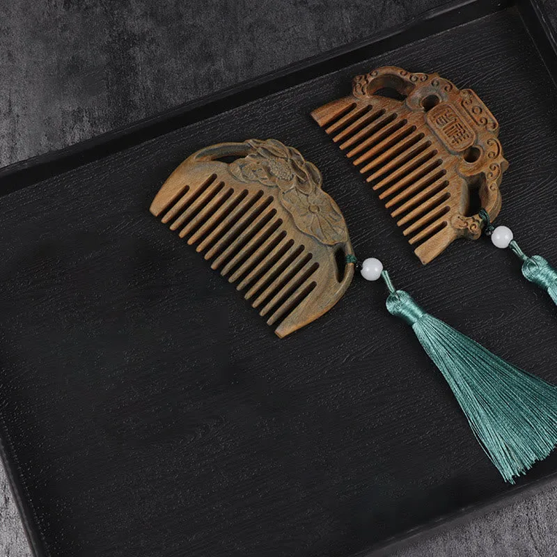 Mythstone Green Sandalwood Fox Peony Flower Lotus Engraved Cure Tassel Comb - Image 13