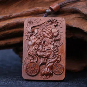 Mythstone Natural Lightning Struck Jujube Wood PiXiu Copper Coin Good Fortune Necklace Pendant
