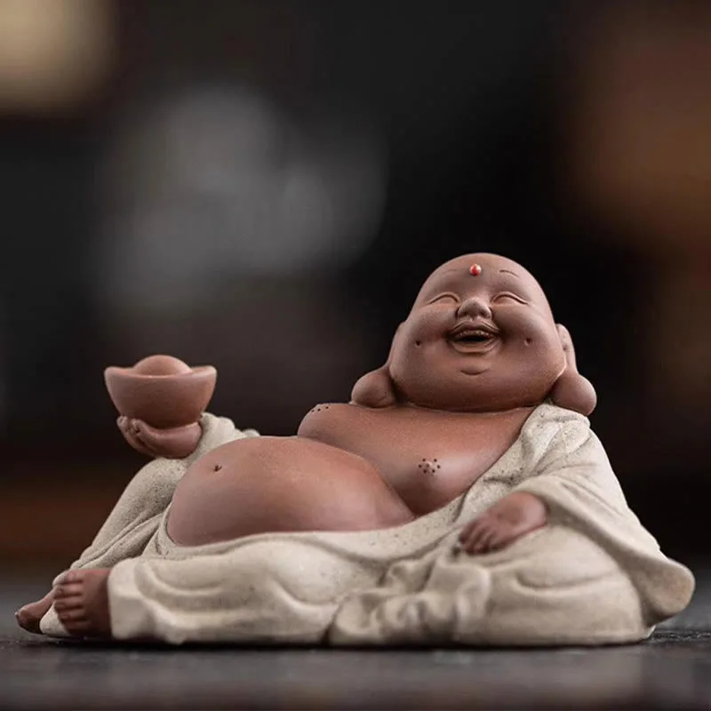 Mythstone Laughing Buddha Ingots Attract Wealth Purple Clay Maitreya Statue Decoration - Image 3