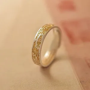 Mythstone 999 Sterling Silver Gold-Painted Joyful Flower Pattern Peaceful Heart Sutra Ring