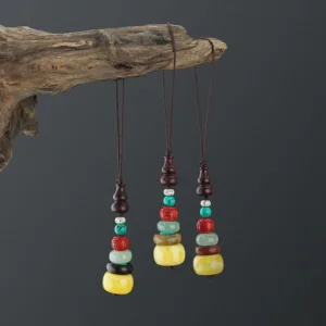 Mythstone Green Sandalwood Ebony Wood Gourd Seven Layer Pagoda Positive Phone Hanging Decoration