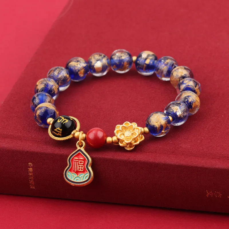 Mythstone Tibet Om Mani Padme Hum Fu Character Gourd Charm Lotus Liuli Glass Bead Luck Bracelet - Image 6