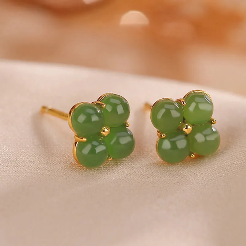 Mythstone 925 Sterling Silver Plated Gold Natural Cyan Jade Four Leaf Clover Luck Stud Earrings - Image 6