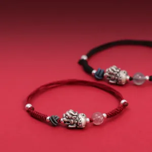 Mythstone 999 Sterling Silver PiXiu Strawberry Quartz Bead Wealth Luck Braided Bracelet
