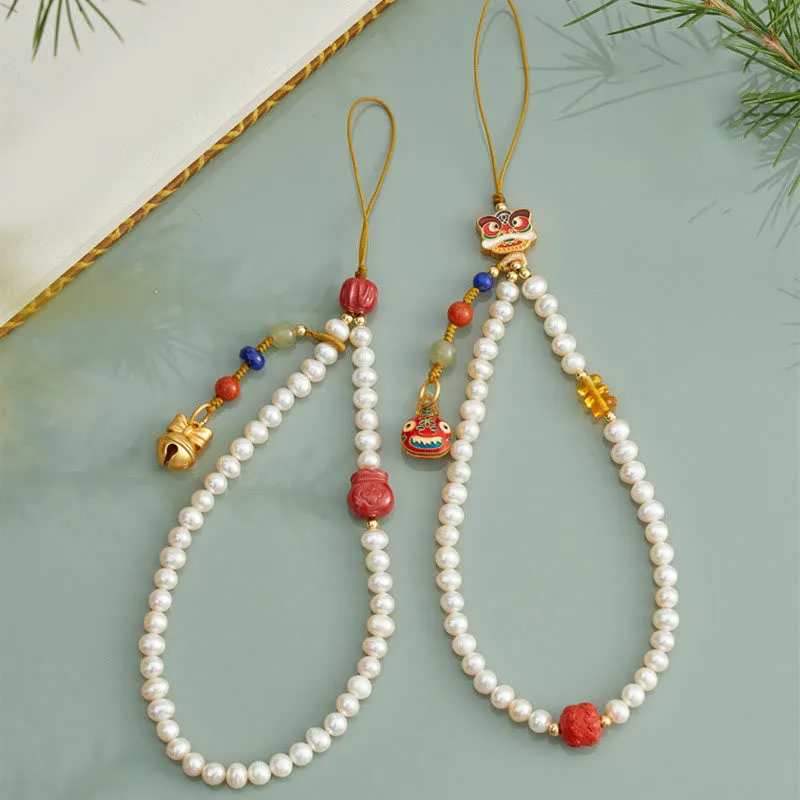 Mythstone Natural Pearl Cinnabar Money Bag Bell Gold Swallowing Beast Dancing Lion Healing Phone Hanging Decoration - Image 12