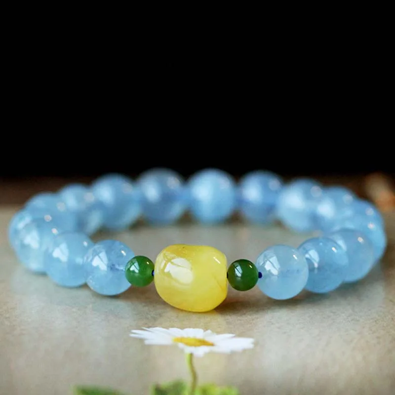 Natural Aquamarine Amber Beads Serenity Healing Bracelet - Image 8